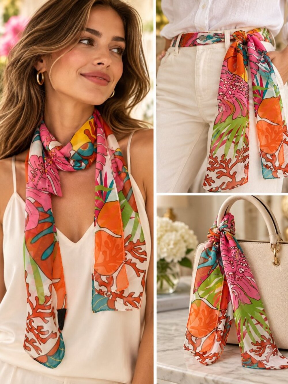 Floral Coral Chiffon Scarf Women Lightweight Neck Hair Wrap Tropical Colorful